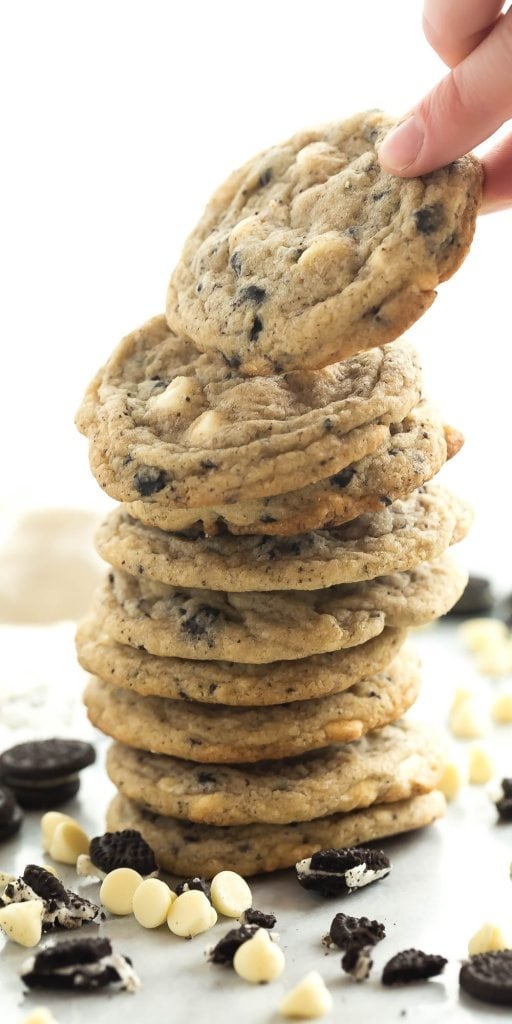 These Cookies and Cream Cookies are full of white chocolate chips and crushed Oreos for true cookie addicts! They are soft and chewy and not cakey!