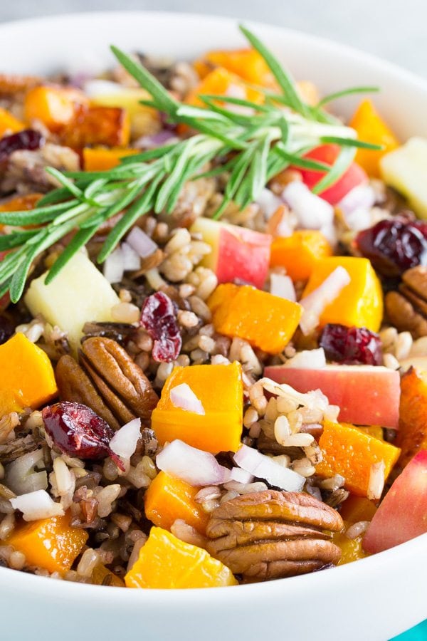 Roasted Butternut Squash and Wild Rice Salad in a white bowl