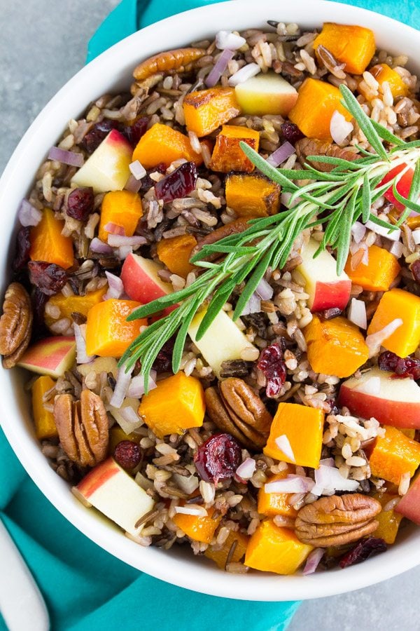Roasted Butternut Squash and Wild Rice Salad in a white bowl
