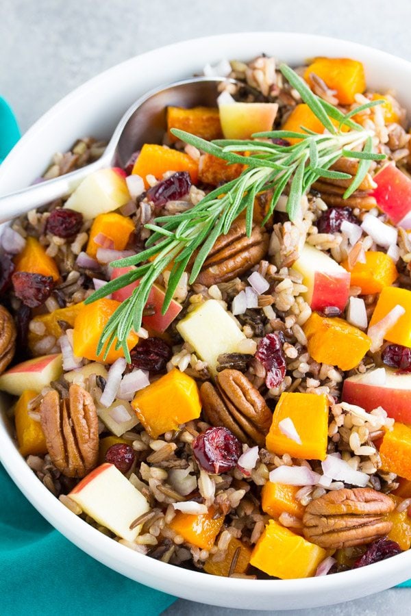 Roasted Butternut Squash and Wild Rice Salad in a white bowl