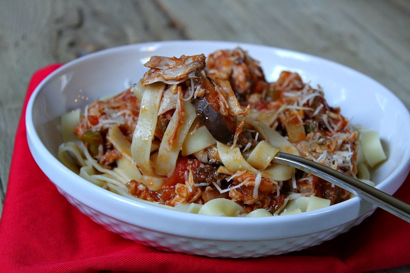 serving of Slow Cooker Chicken Cacciatore served over noodles