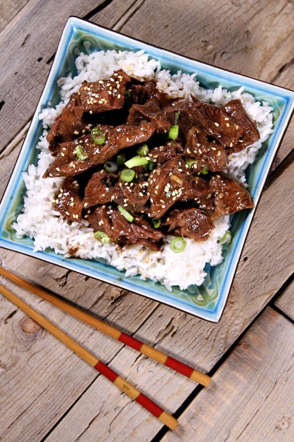 Easy Slow Cooker Korean Beef recipe served over hot steamed rice - great family dinner recipe from RecipeGirl.com