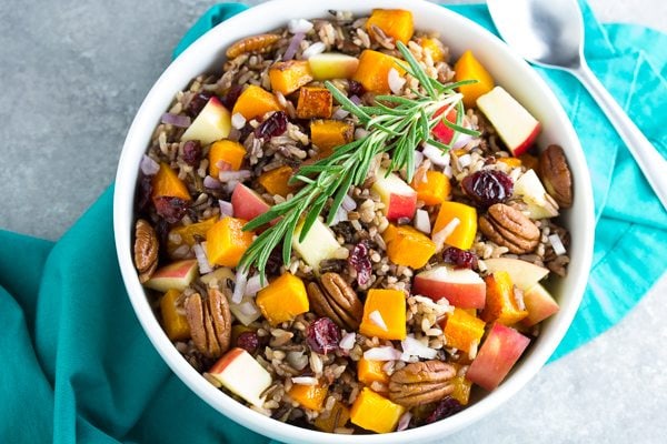 Roasted Butternut Squash and Wild Rice Salad in a white bowl