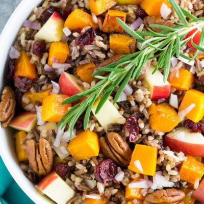 bowl of roasted butternut squash and wild rice salad