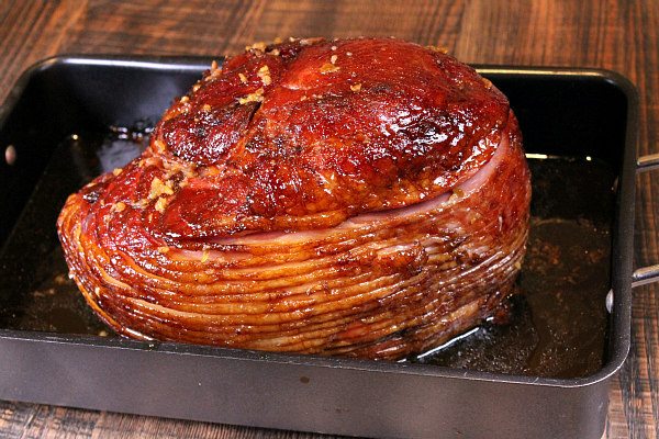 Brown Sugar Glazed Ham in a baking pan