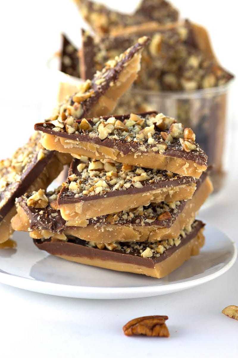 Pieces of Heath Bars stacked on a white plate