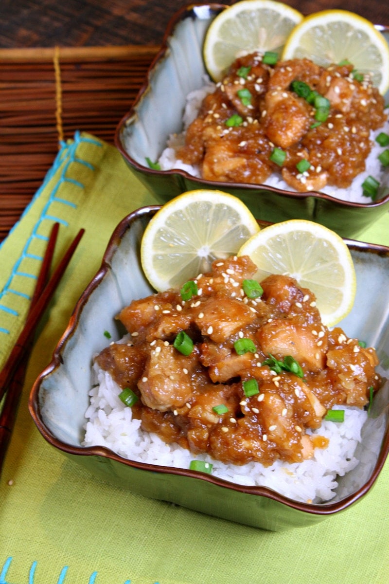 Slow Cooker Lemon Chicken Served over rice