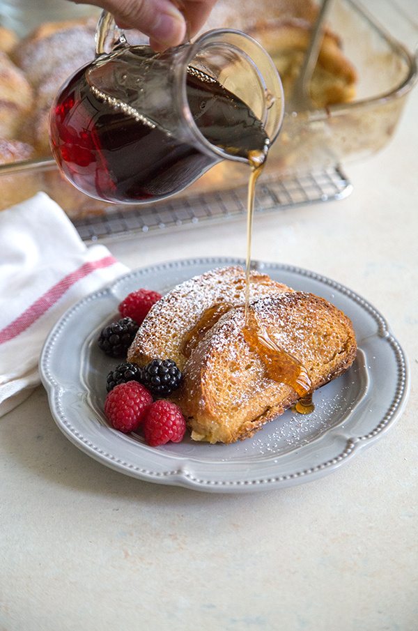 Eggnog French Toast Casserole in a blue plate