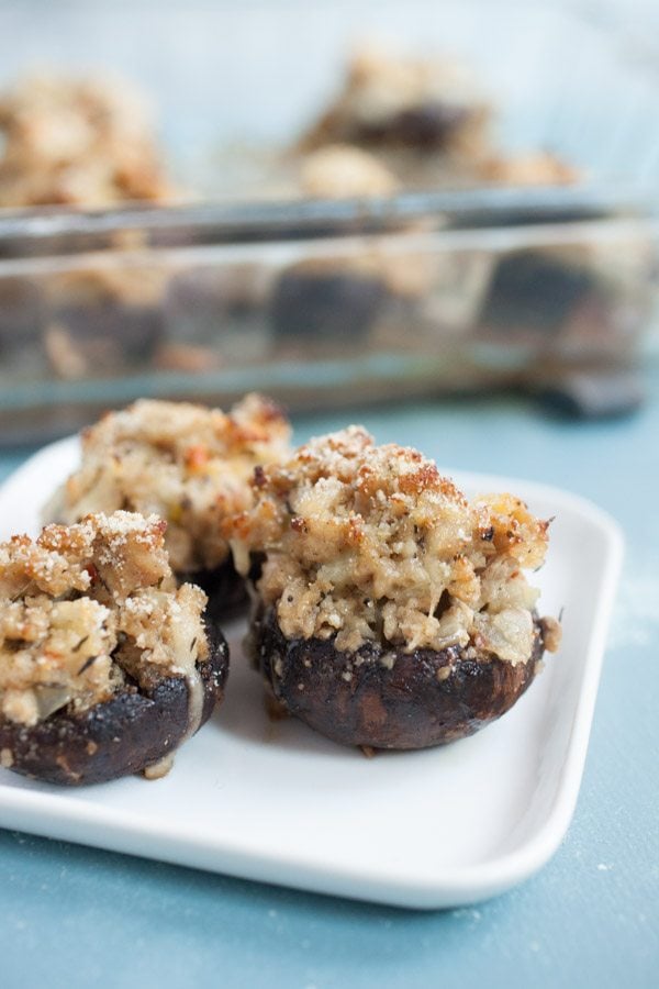 Chicken and Cheese Stuffed Mushrooms on a white plate