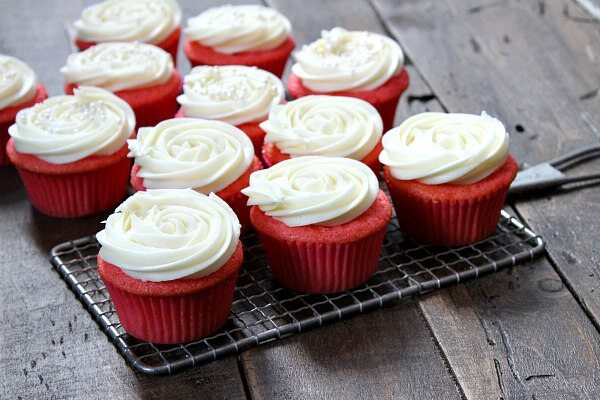 Pink Velvet Cupcakes with Cream Cheese Frosting recipe - from RecipeGirl.com