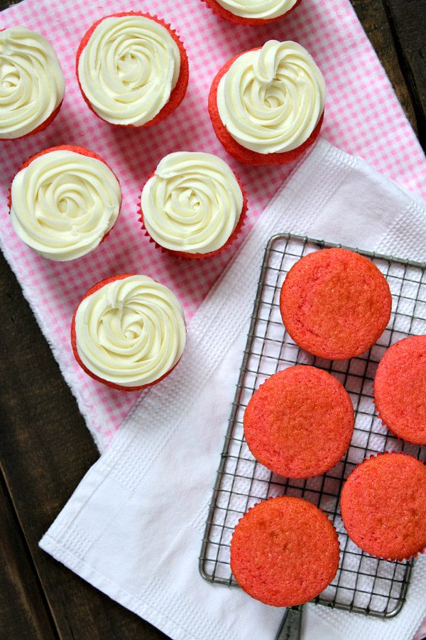 Pink Velvet Cupcakes with Cream Cheese Frosting recipe - from RecipeGirl.com