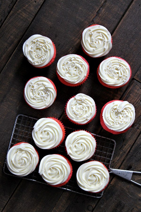 Pink Velvet Cupcakes with Cream Cheese Frosting recipe - from RecipeGirl.com