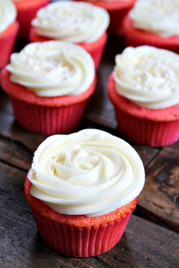 Pink Velvet Cupcakes with Cream Cheese Frosting recipe - from RecipeGirl.com