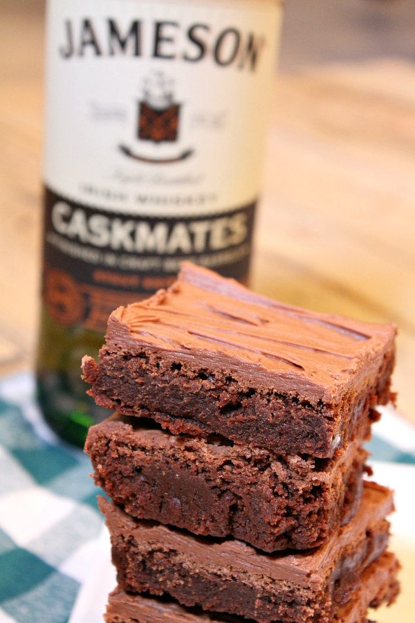 Irish Whiskey Brownies - a fudgy brownie recipe with chocolate- whiskey frosting - from RecipeGirl.com