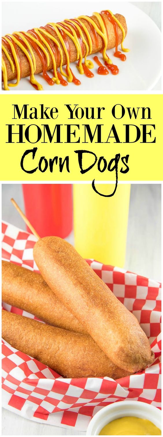 Make your own homemade corn dogs recipe from RecipeGirl.com #homemade #DIY #corn #dogs #corndogs #recipe #RecipeGirl pinterest collage image for corn dogs