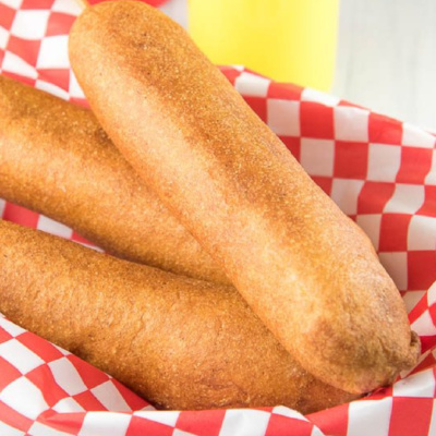 homemade corn dogs in a basket