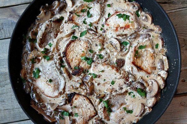 One Pan Pork with Creamy Mushroom Sauce - recipe from RecipeGirl.com