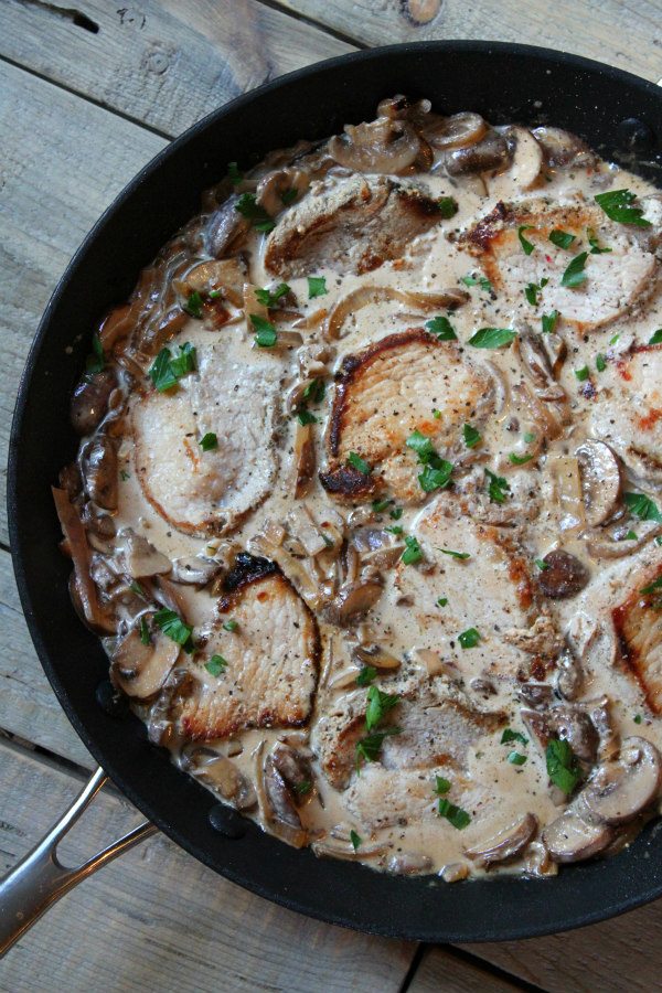 One Pan Pork with Creamy Mushroom Sauce - recipe from RecipeGirl.com