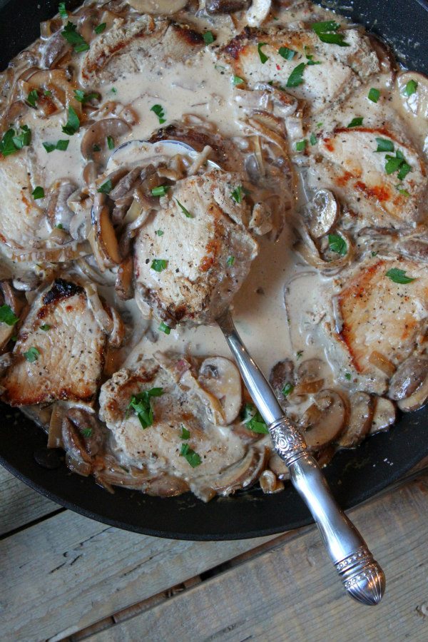 One Pan Pork with Creamy Mushroom Sauce - recipe from RecipeGirl.com