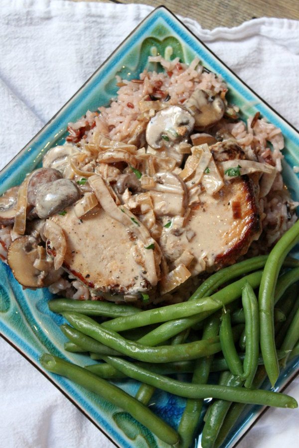 One Pan Pork with Creamy Mushroom Sauce - recipe from RecipeGirl.com