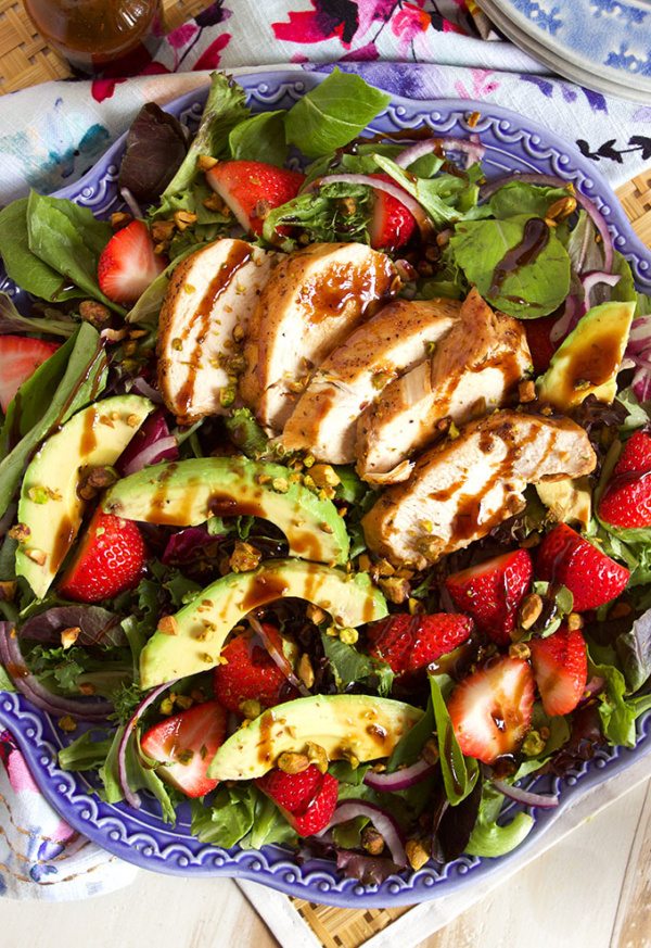 Strawberry Avocado Salad with Balsamic Chicken recipe from RecipeGirl.com