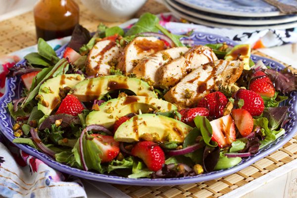 Strawberry Avocado Salad with Balsamic Chicken- recipe from RecipeGirl.com