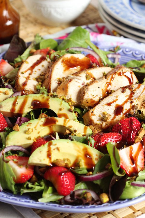 Strawberry Avocado Salad with Balsamic Chicken recipe from RecipeGirl.com