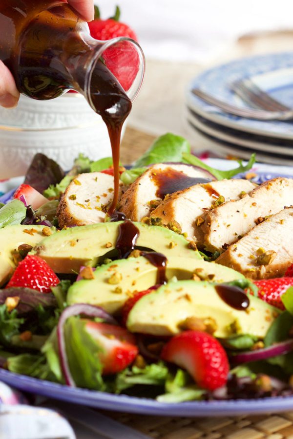 Strawberry Avocado Salad with Balsamic Chicken recipe from RecipeGirl.com