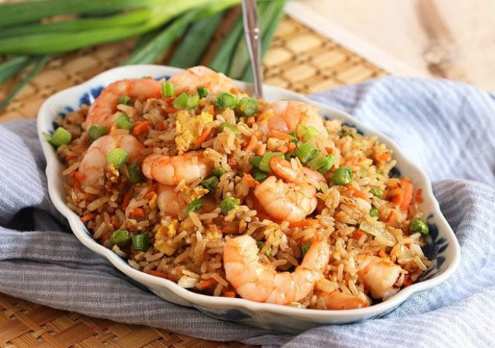 Easy Shrimp Fried Rice in a serving bowl