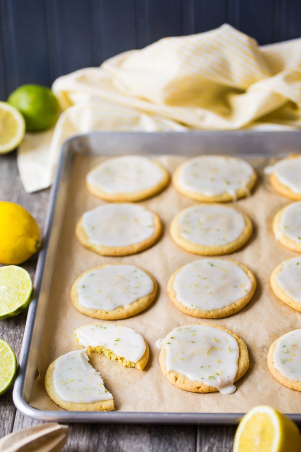 Iced Lemon Lime Cookies on a baking sheet
