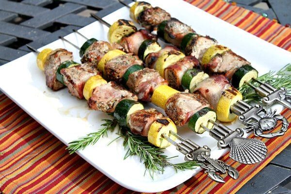 Grilled Bacon Rosemary Pork Tenderloin Kebabs - recipe from RecipeGirl.com