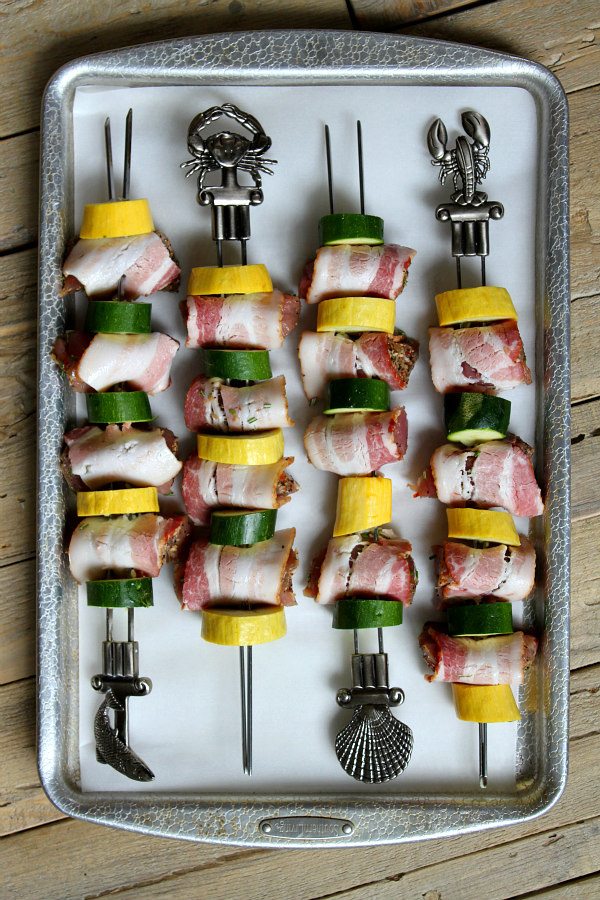 Grilled Bacon Rosemary Pork Tenderloin Kebabs - recipe from RecipeGirl.com