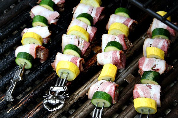 Grilled Bacon Rosemary Pork Tenderloin Kebabs - recipe from RecipeGirl.com