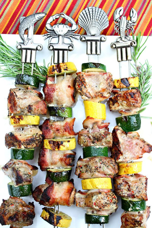 Grilled Bacon Rosemary Pork Tenderloin Kebabs - recipe from RecipeGirl.com