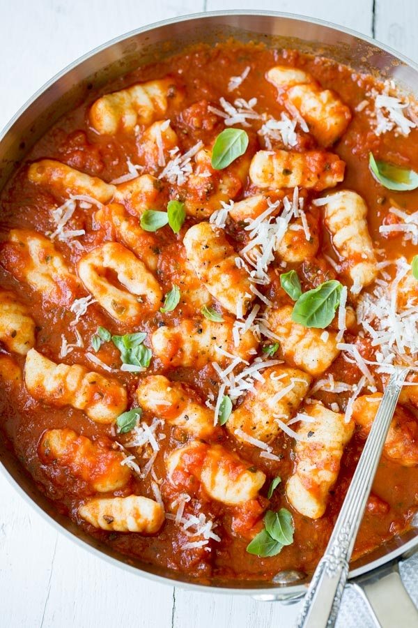 Potato Gnocchi From Scratch in a pan with marinara sauce