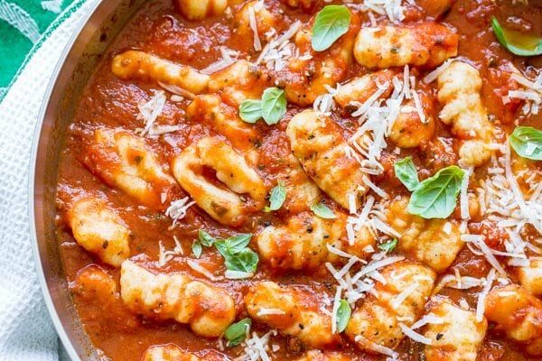 Potato Gnocchi in a pan with marinara sauce