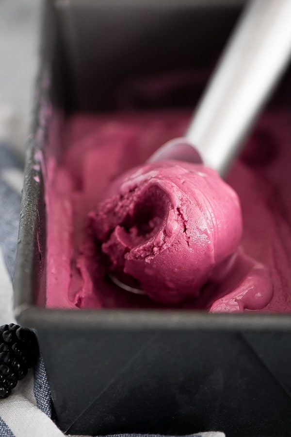 blackberry frozen yogurt being scooped out of a metal ice cream container