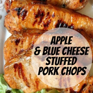 pinterest image for apple and blue cheese stuffed grilled pork chops