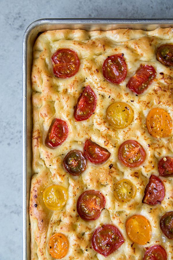 baked Tomato Focaccia Bread in a sheet pan