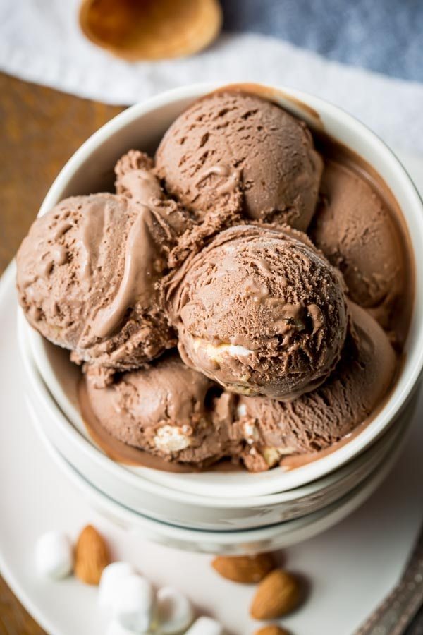 several scoops of Rocky Road Ice Cream in a white dish