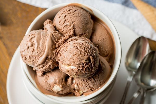 several scoops of Rocky Road Ice Cream in a white dish with spoons on the side