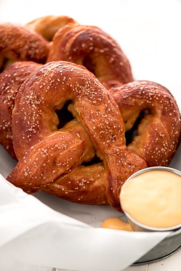 Soft Pretzels and dipping sauce in a basket