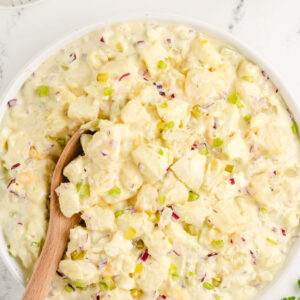 bowl of american potato salad with spoon