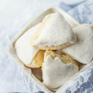 Vanilla Bean Scones in a display basket with a white background