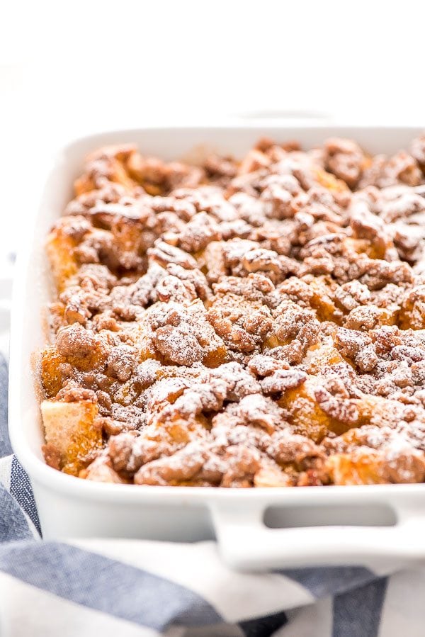 Pumpkin French Toast Casserole in a white baking dish