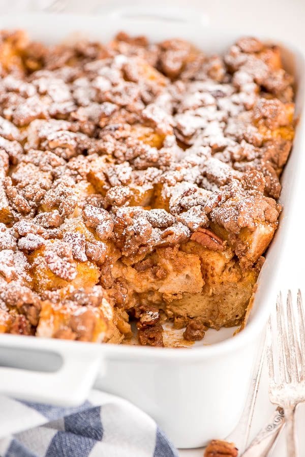 Pumpkin French Toast Casserole in a casserole dish