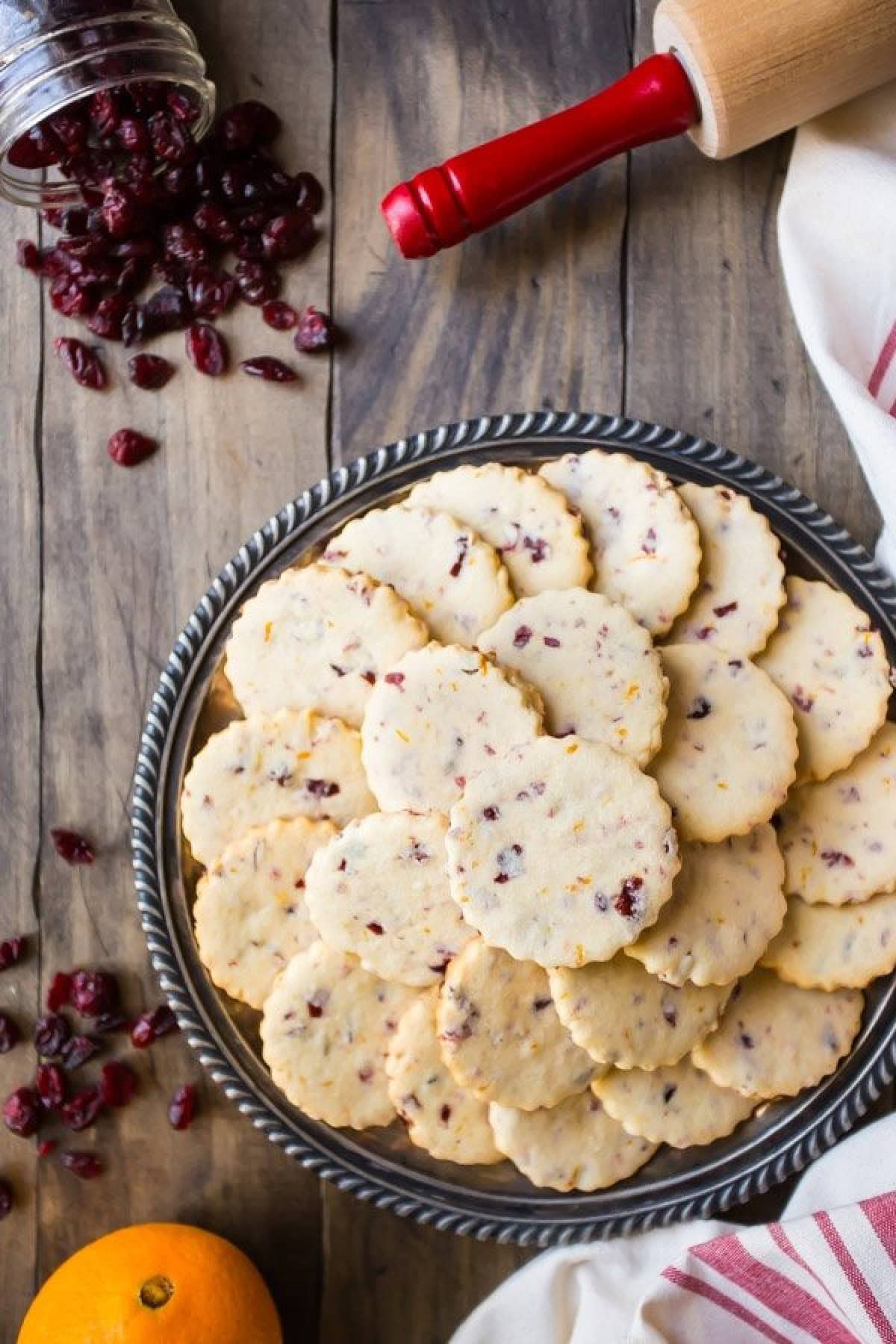 plate of cranberry orange shortbread cookies