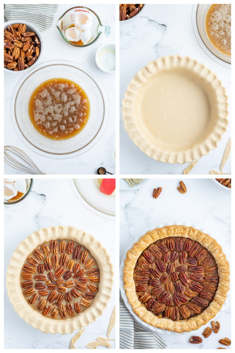 four photos showing how to make a pecan pie