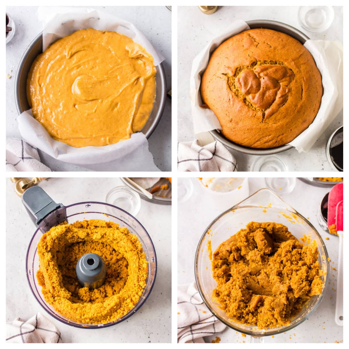 four photos showing pumpkin cake processed into crumbs