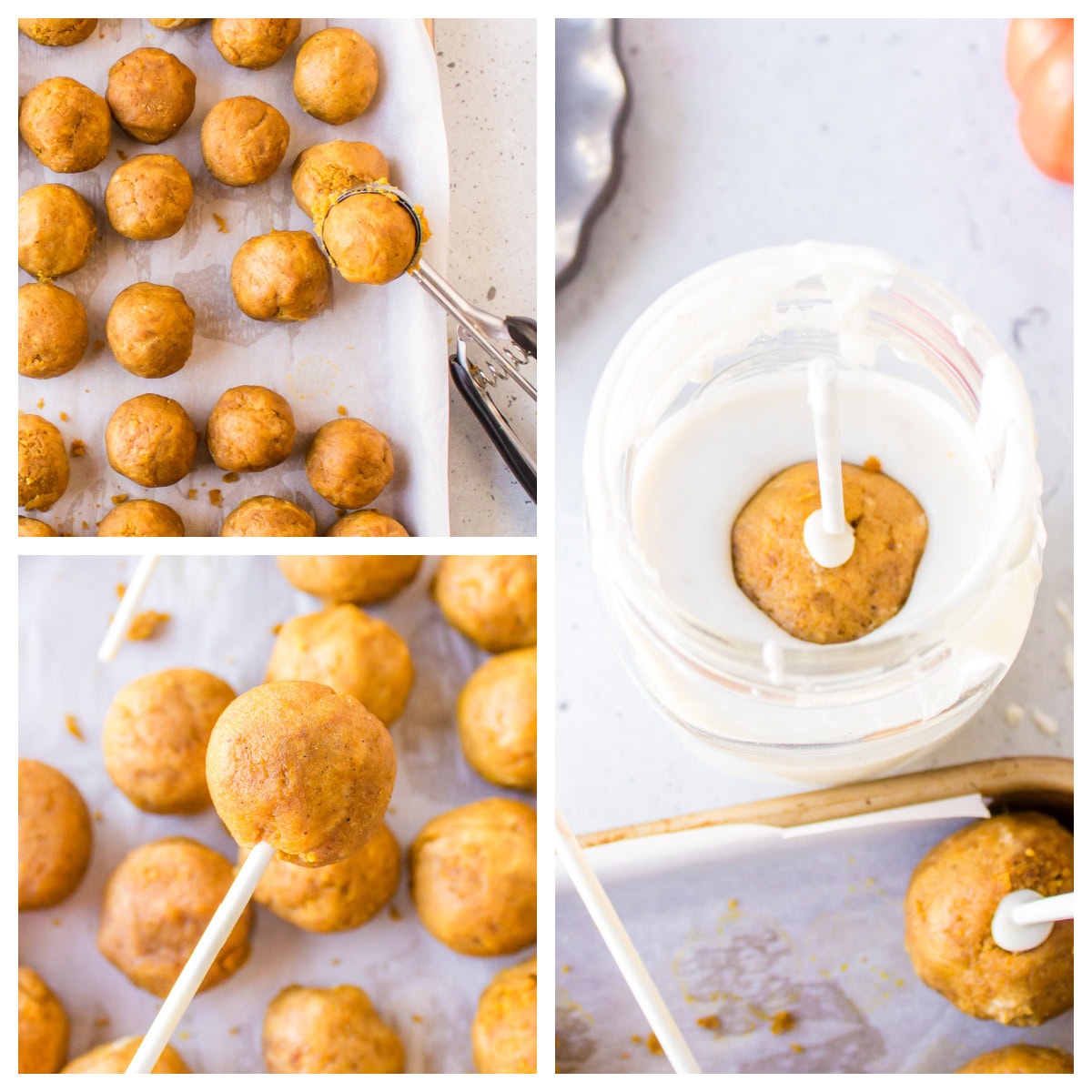 three photos showing how to make pumpkin cake pops